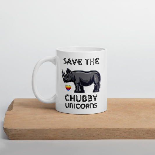 Save the Chubby Unicorns White glossy mug